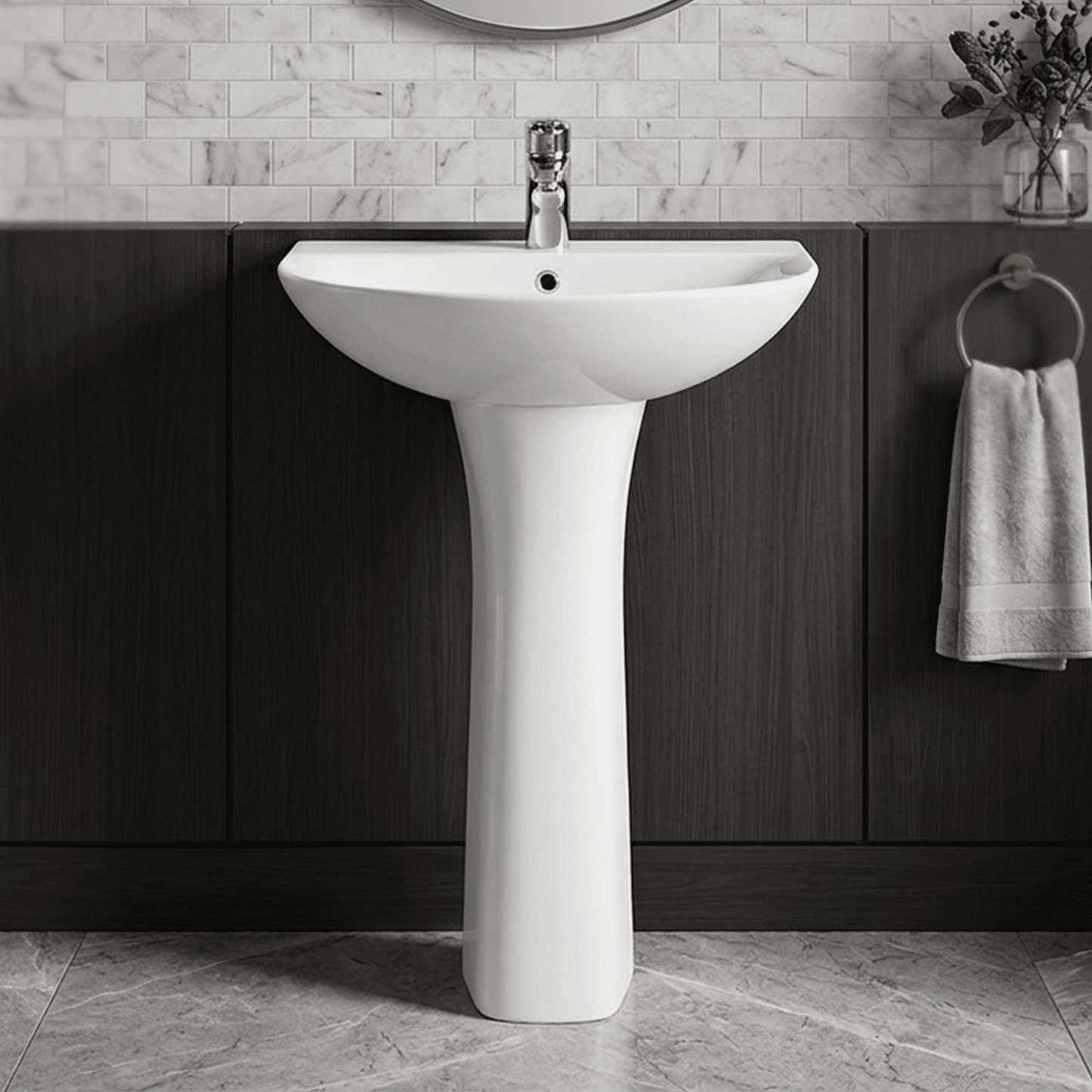 [BCQU300] 1 Tap Hole Round Ceramic Basin & Full Pedestal - 560mm - Silo