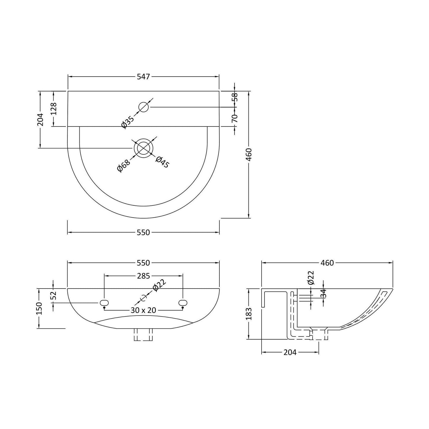 [BCQU302] 550 Basin 1TH - Technical Drawing
