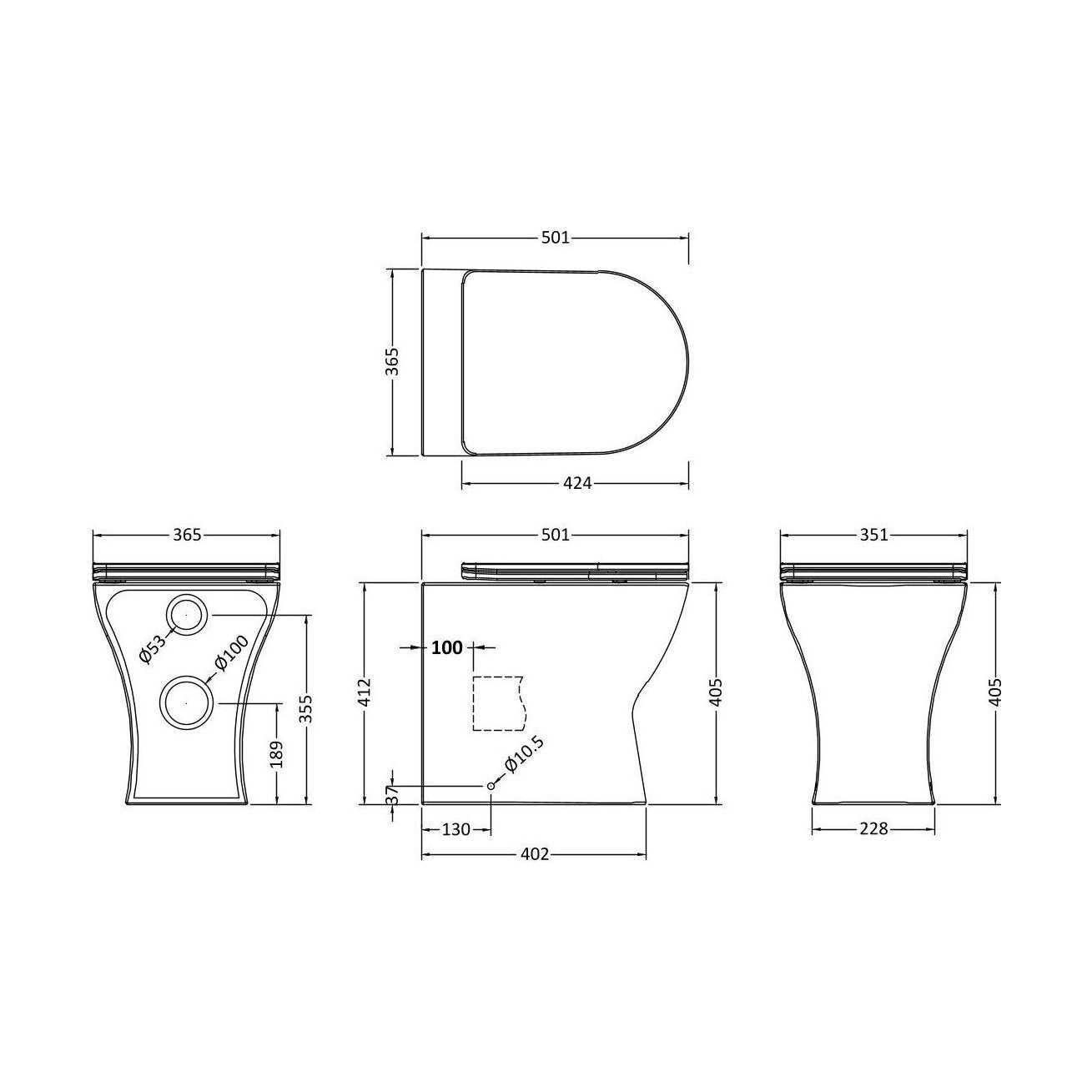 [BCQU306] Rimless Back to Wall Toilet Pan with Soft Close Sandwich Seat, Modern Compact Ceramic WC Design - White by Balterley - Technical Drawing