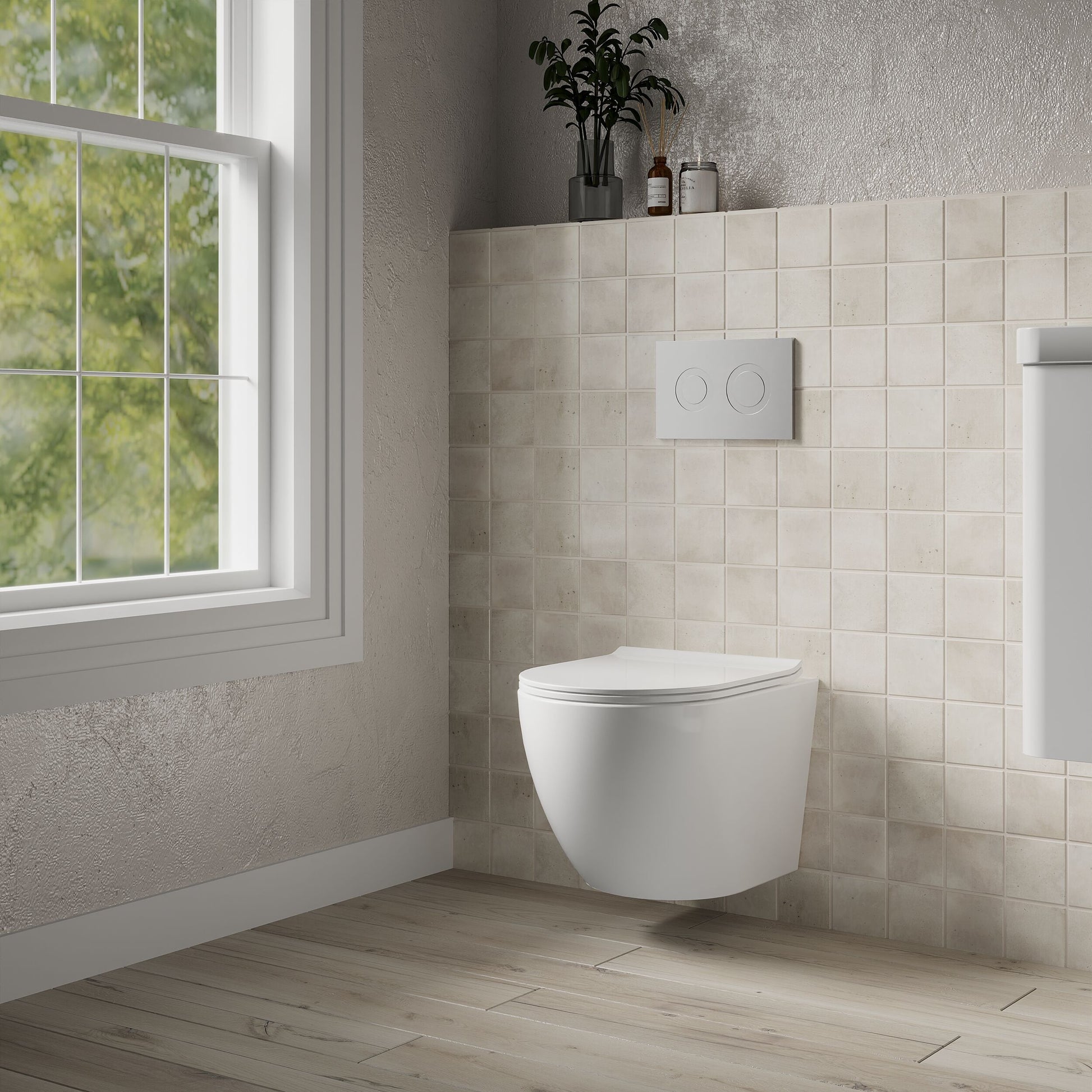 [BCQU340] Rimless Wall Hung Toilet Pan & Soft Close Sandwich Seat - 360mm x 360mm x 482mm - Lifestyle 3