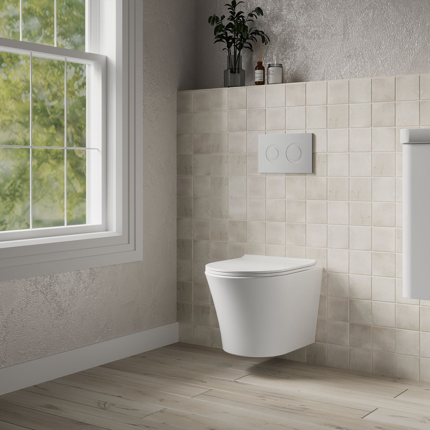 [BCQU341] Rimless Wall Hung Toilet Pan & Soft Close Sandwich Seat - 363mm x 365mm x 475mm - Lifestyle 3