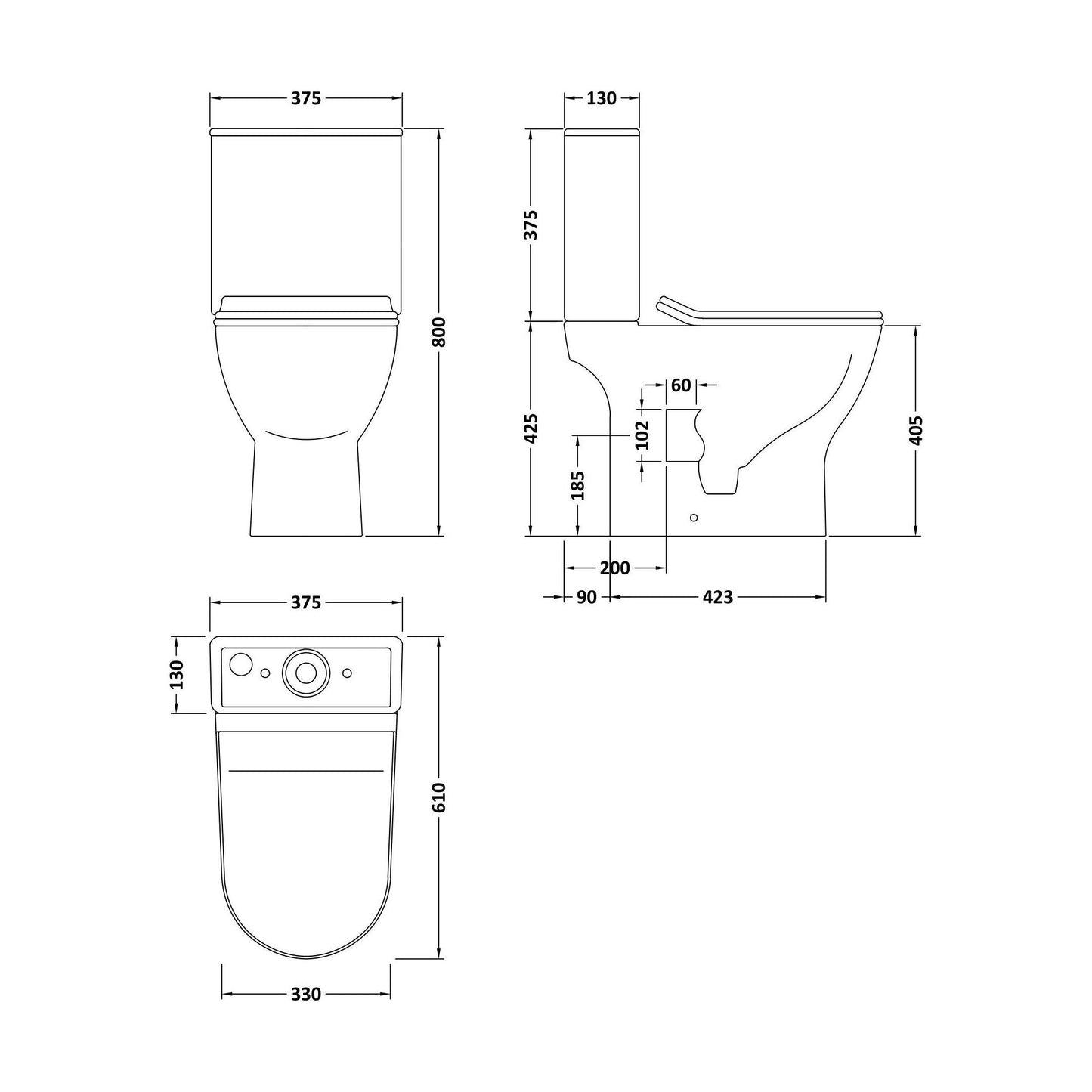 [BCQU350] Compact Rimless Toilet Pan, Cistern and Soft Close Sandwich Seat - 800mm x 375mm x 610mm - Technical Drawing