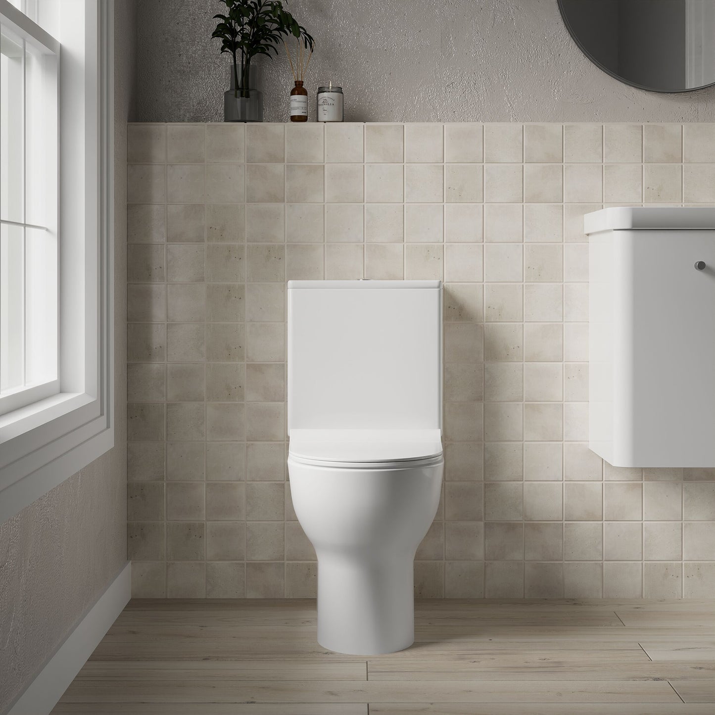 [BCQU350] Compact Rimless Toilet Pan, Cistern and Soft Close Sandwich Seat - 800mm x 375mm x 610mm - Lifestyle 1