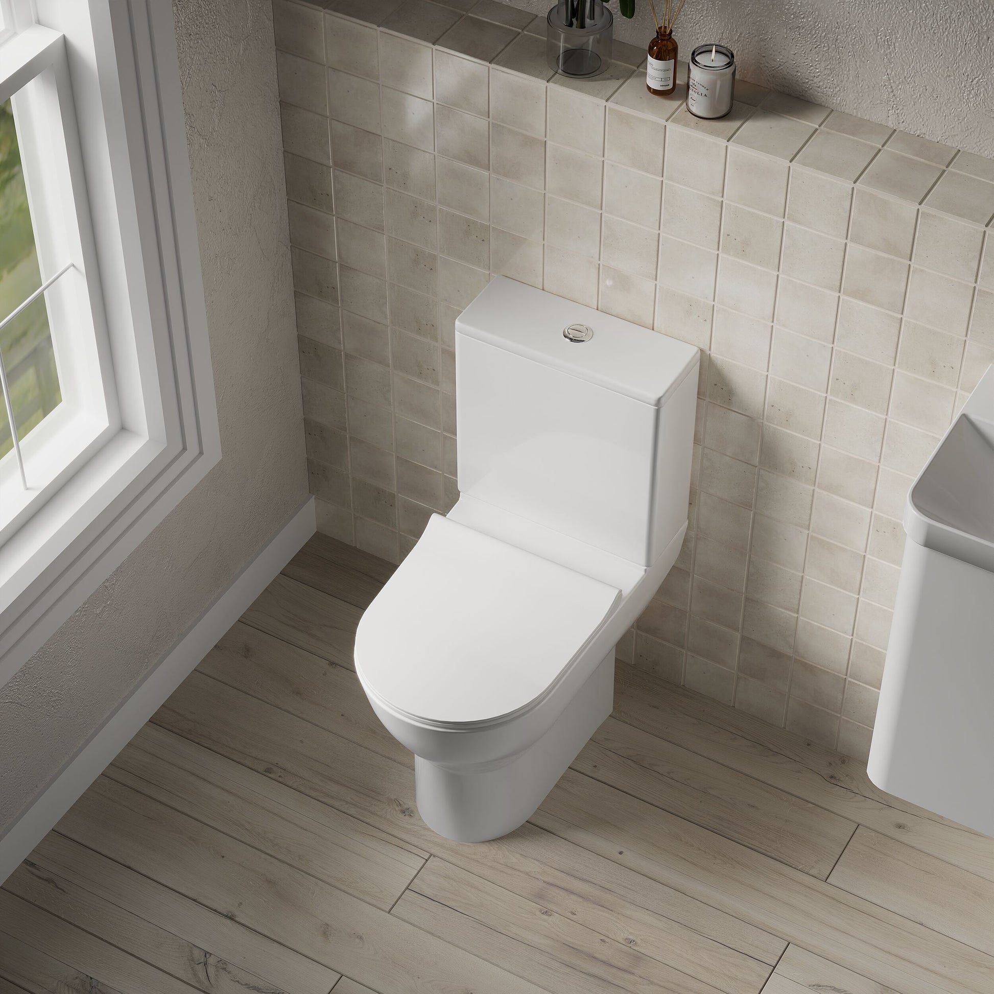 [BCQU350] Compact Rimless Toilet Pan, Cistern and Soft Close Sandwich Seat - 800mm x 375mm x 610mm - Lifestyle 2