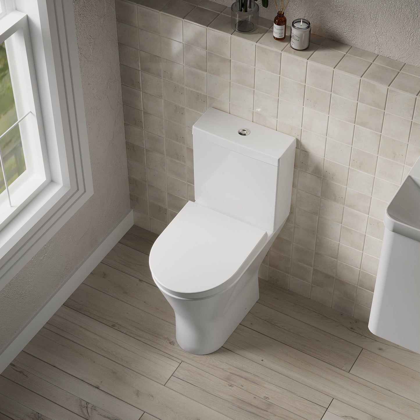 [BCQU391] Comfort Height Rimless Toilet Pan, Cistern & Soft Close Seat - 845x380x605mm - Lifestyle 2