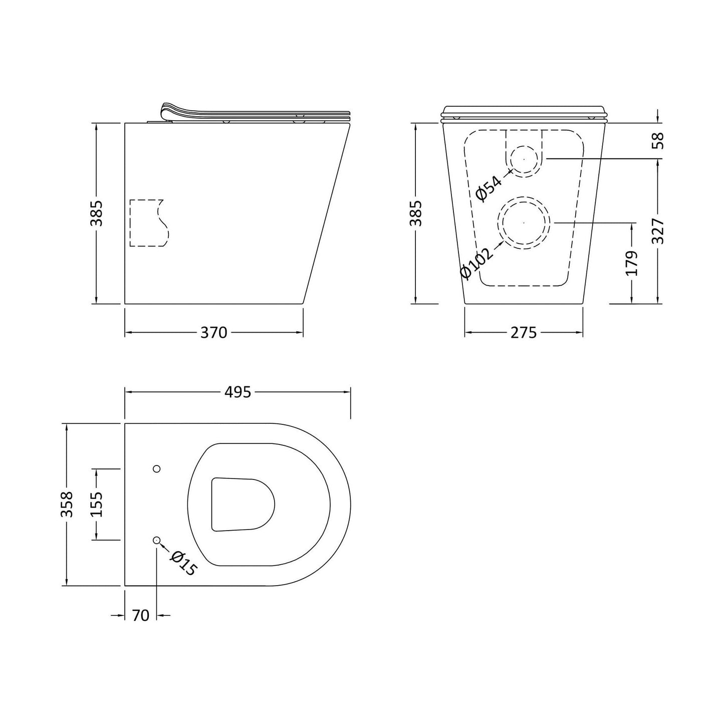 [BCQU606] Contemporary Round Rimless Back to Wall Toilet Pan with Soft Close Sandwich Seat - Technical Drawing