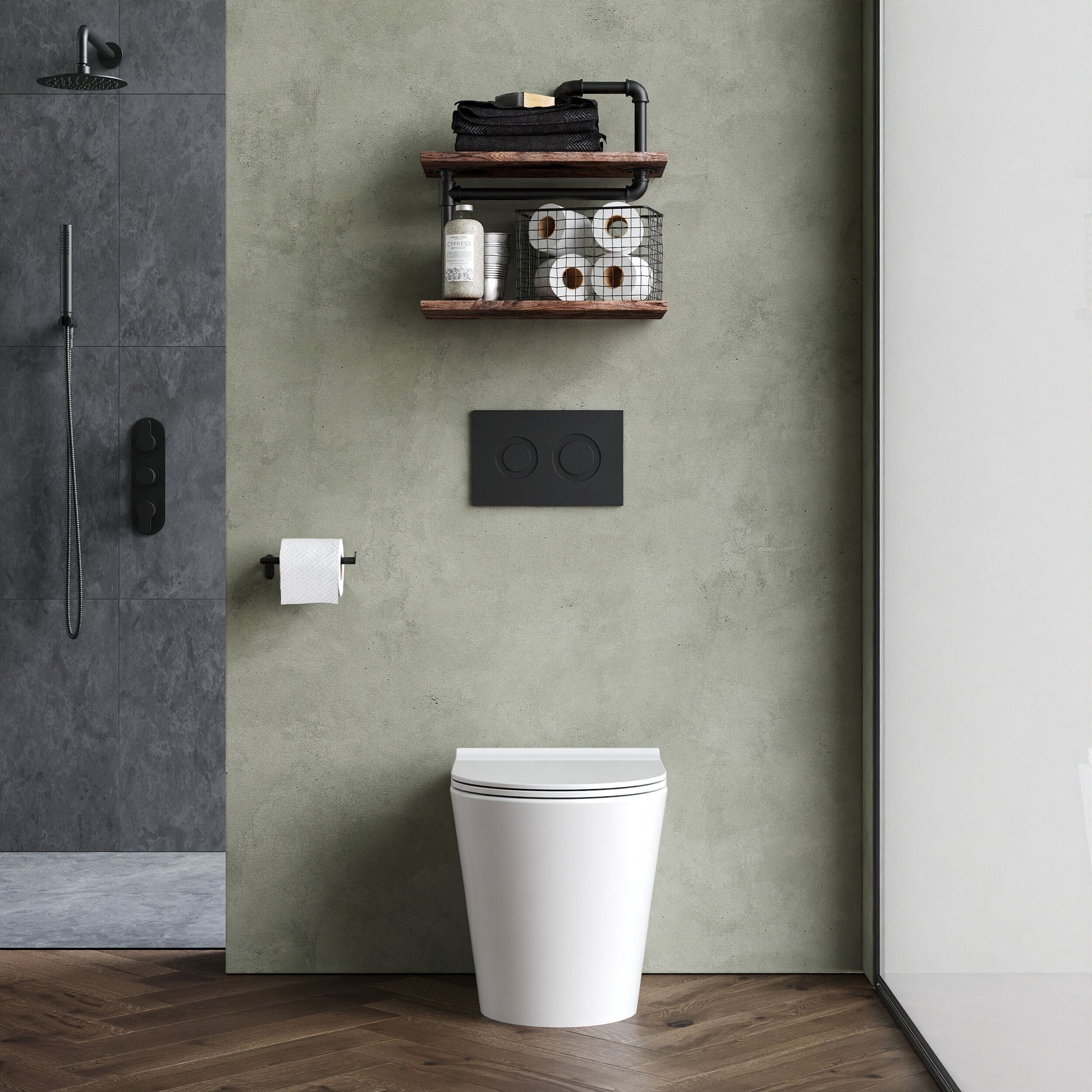 [BCQU606] Contemporary Round Rimless Back to Wall Toilet Pan with Soft Close Sandwich Seat - Lifestyle 1
