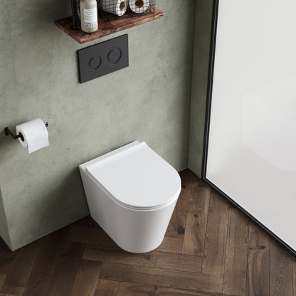 [BCQU606] Contemporary Round Rimless Back to Wall Toilet Pan with Soft Close Sandwich Seat - Lifestyle 2