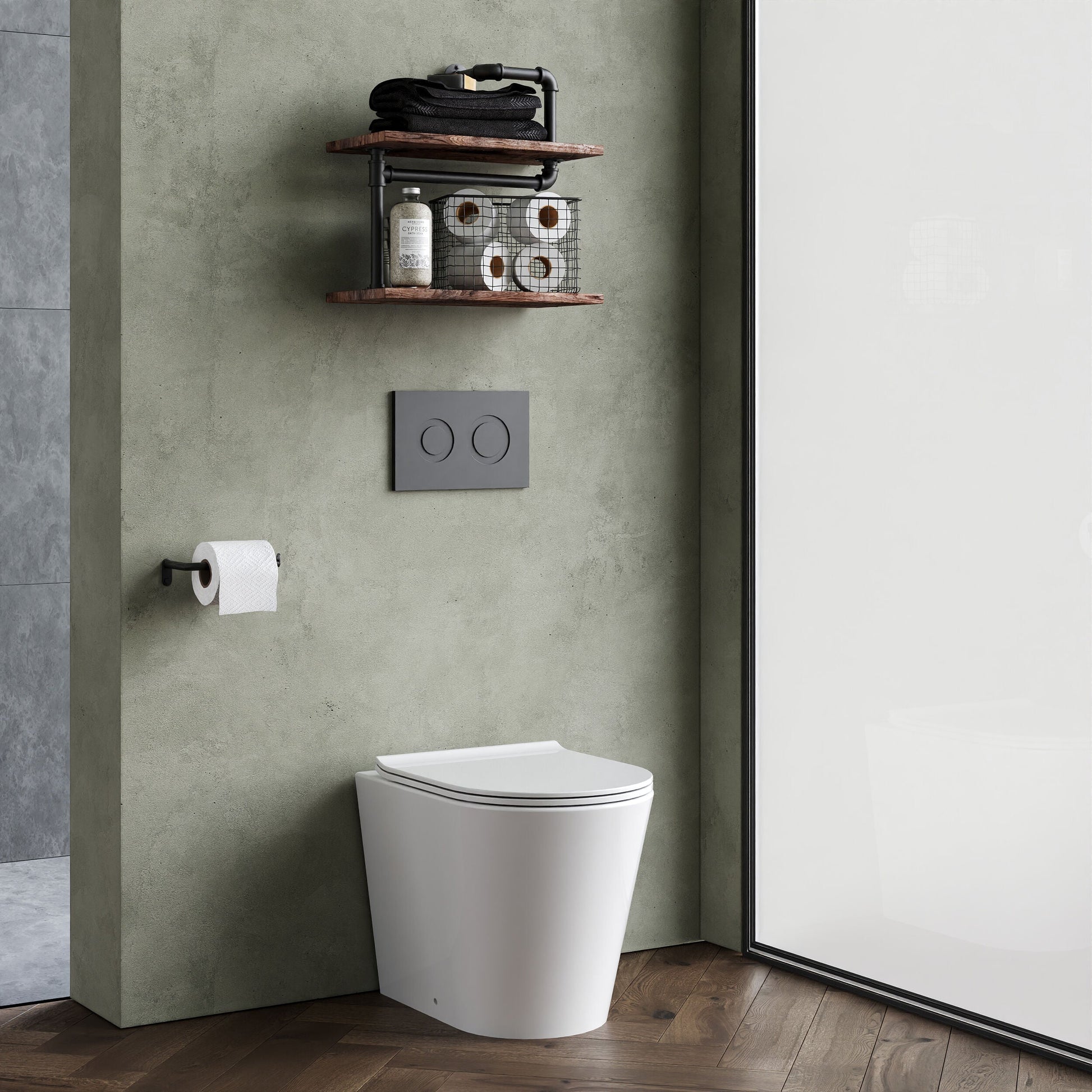 [BCQU606] Contemporary Round Rimless Back to Wall Toilet Pan with Soft Close Sandwich Seat - Lifestyle 3