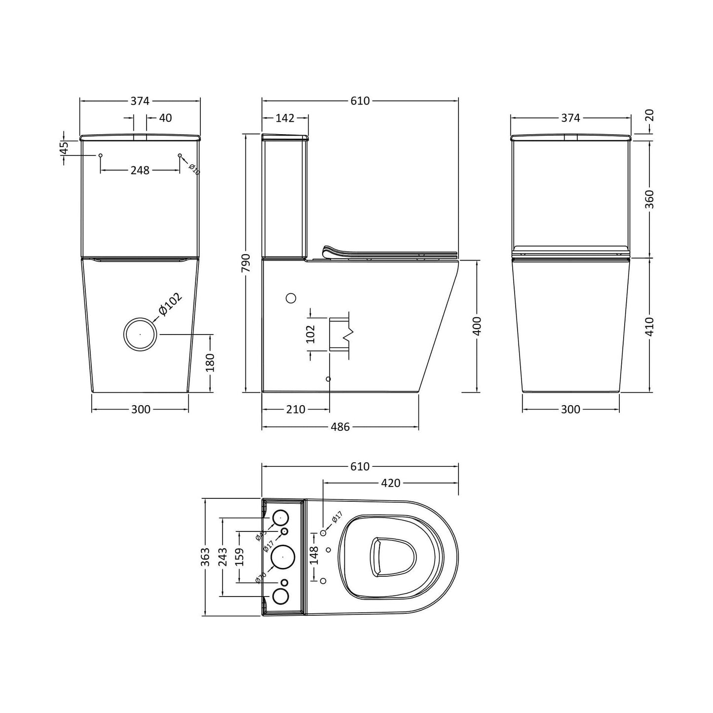 [BCQU650] Compact Rimless Flush to Wall Toilet Pan, Cistern & Soft Close Sandwich Seat - 798mm x 385mm x 612mm - Technical Drawing