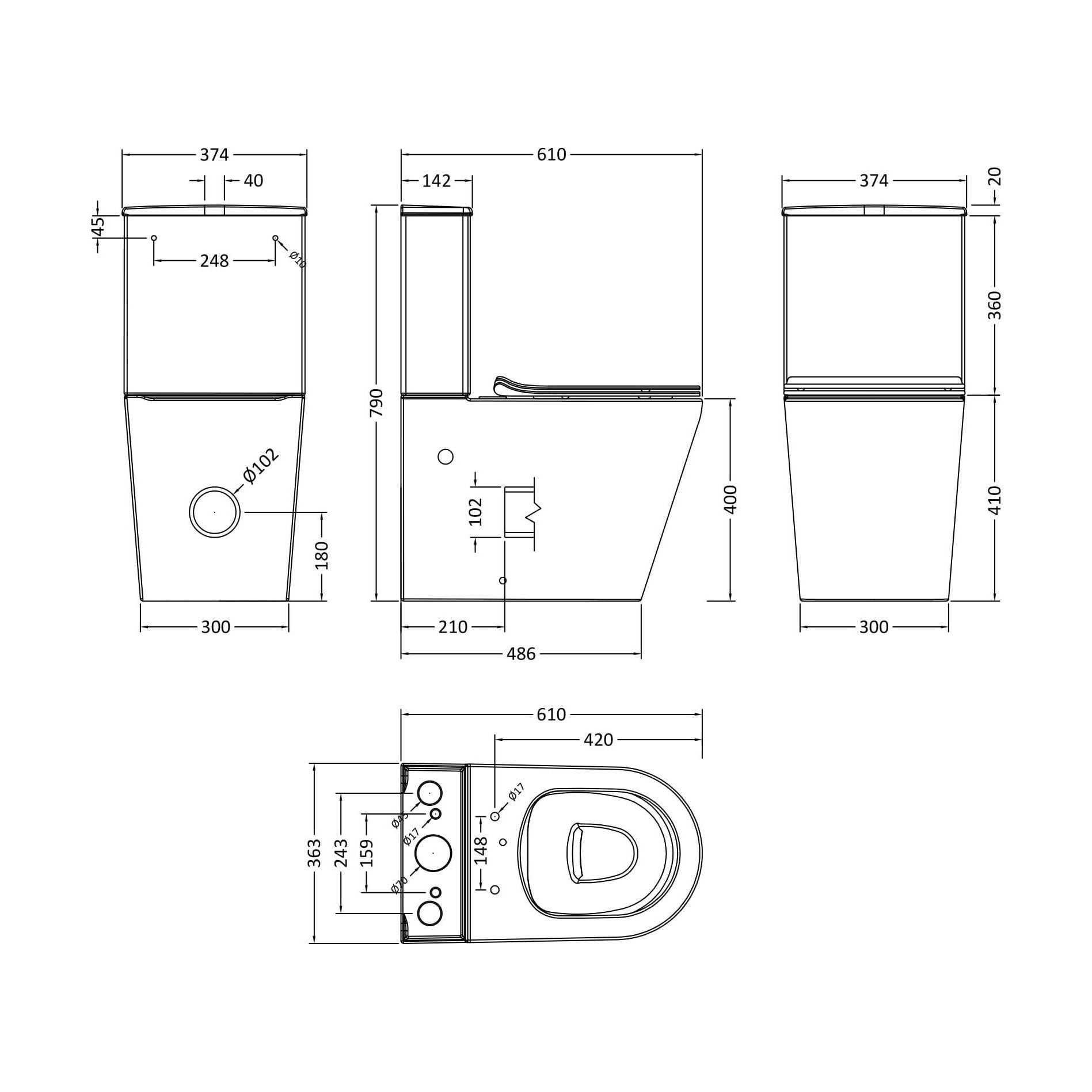 [BCQU650] Compact Rimless Flush to Wall Toilet Pan, Cistern & Soft Close Sandwich Seat - 798mm x 385mm x 612mm - Technical Drawing