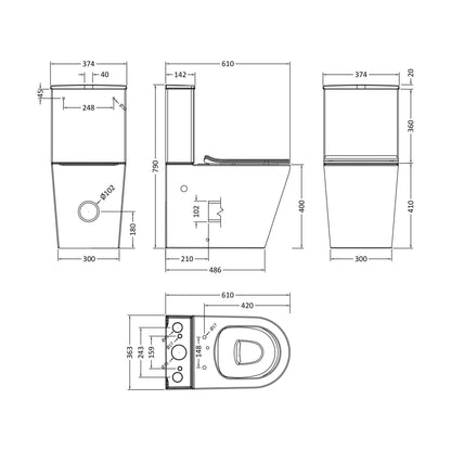 [BCQU650] Compact Rimless Flush to Wall Toilet Pan, Cistern & Soft Close Sandwich Seat - 798mm x 385mm x 612mm - Technical Drawing