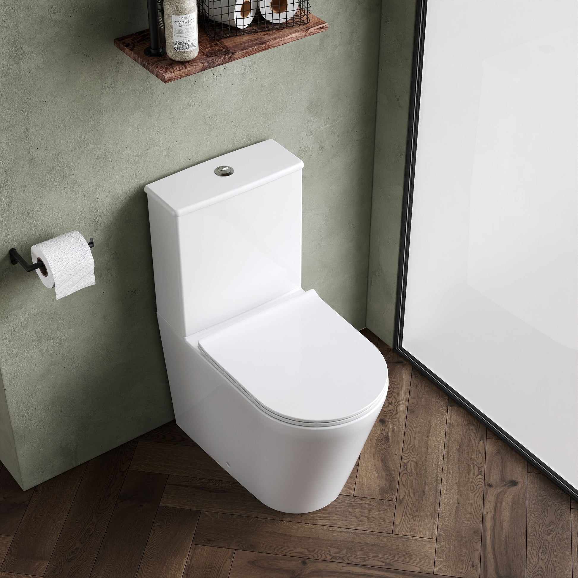 [BCQU650] Compact Rimless Flush to Wall Toilet Pan, Cistern & Soft Close Sandwich Seat - 798mm x 385mm x 612mm - Lifestyle 2