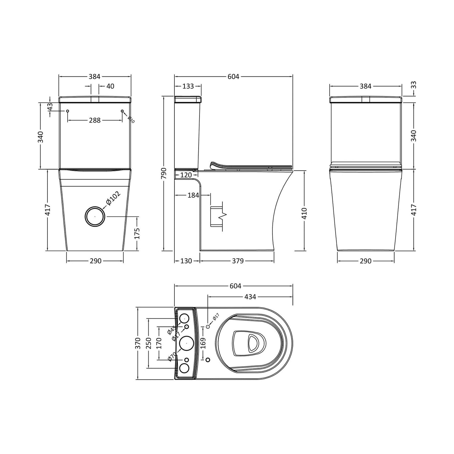 [BCQU850] Rimless Flush to Wall Close Coupled Toilet Pan, Cistern & Soft Close Sandwich Seat - 806mm x 375mm x 612mm - Technical Drawing