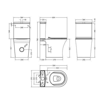 [BCQU850] Rimless Flush to Wall Close Coupled Toilet Pan, Cistern & Soft Close Sandwich Seat - 806mm x 375mm x 612mm - Technical Drawing