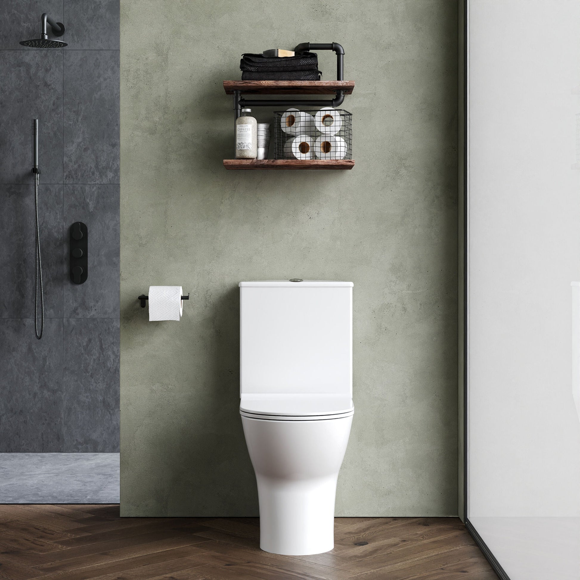 [BCQU850] Rimless Flush to Wall Close Coupled Toilet Pan, Cistern & Soft Close Sandwich Seat - 806mm x 375mm x 612mm - Lifestyle 1