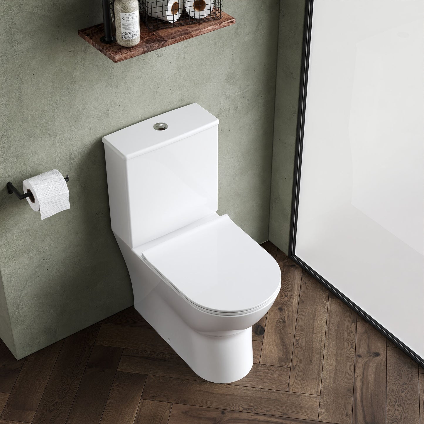 [BCQU850] Rimless Flush to Wall Close Coupled Toilet Pan, Cistern & Soft Close Sandwich Seat - 806mm x 375mm x 612mm - Lifestyle 2