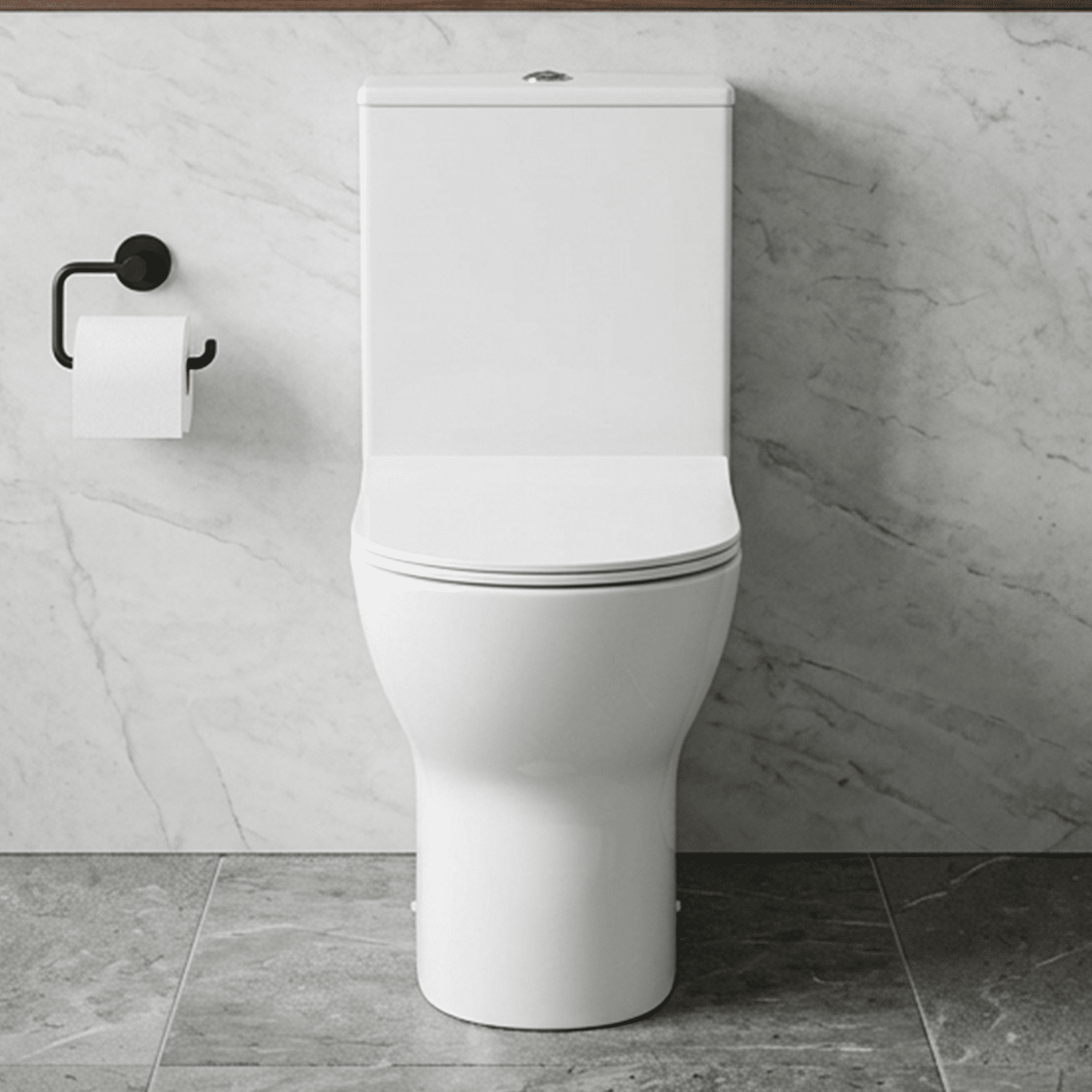 [BCQU850] Rimless Flush to Wall Close Coupled Toilet Pan, Cistern & Soft Close Sandwich Seat - 806mm x 375mm x 612mm - Silo