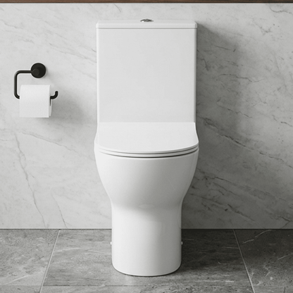 [BCQU850] Rimless Flush to Wall Close Coupled Toilet Pan, Cistern & Soft Close Sandwich Seat - 806mm x 375mm x 612mm - Silo