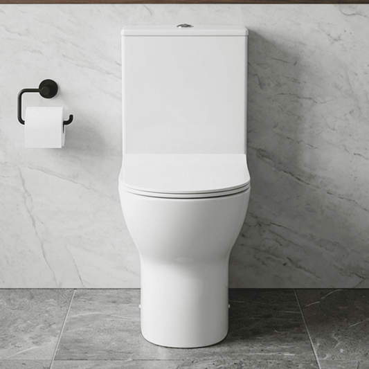 [BCQU850] Rimless Flush to Wall Close Coupled Toilet Pan, Cistern & Soft Close Sandwich Seat - 806mm x 375mm x 612mm - Silo