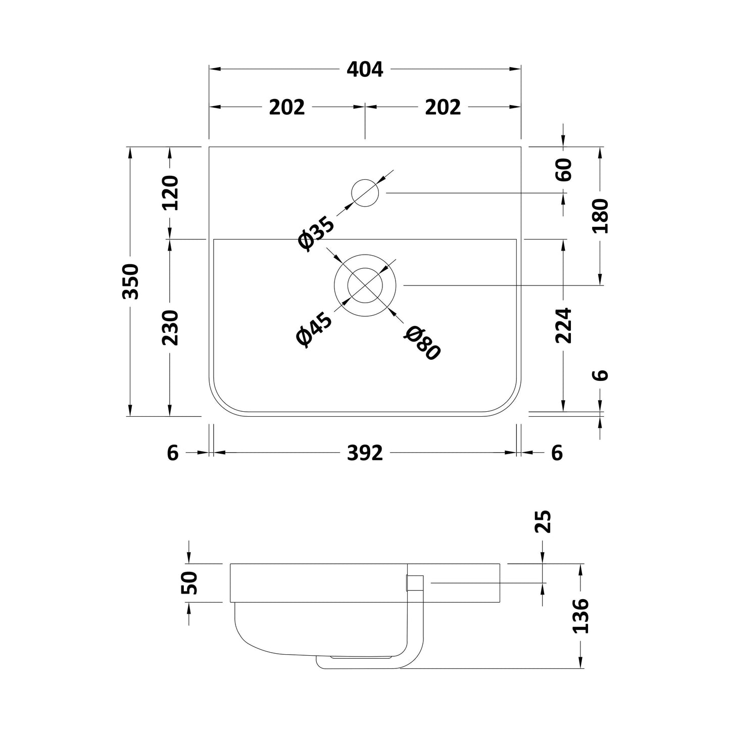 [BCRC002] 400 Thin Edge Basin 1TH (Radius Corners) - Technical Drawing