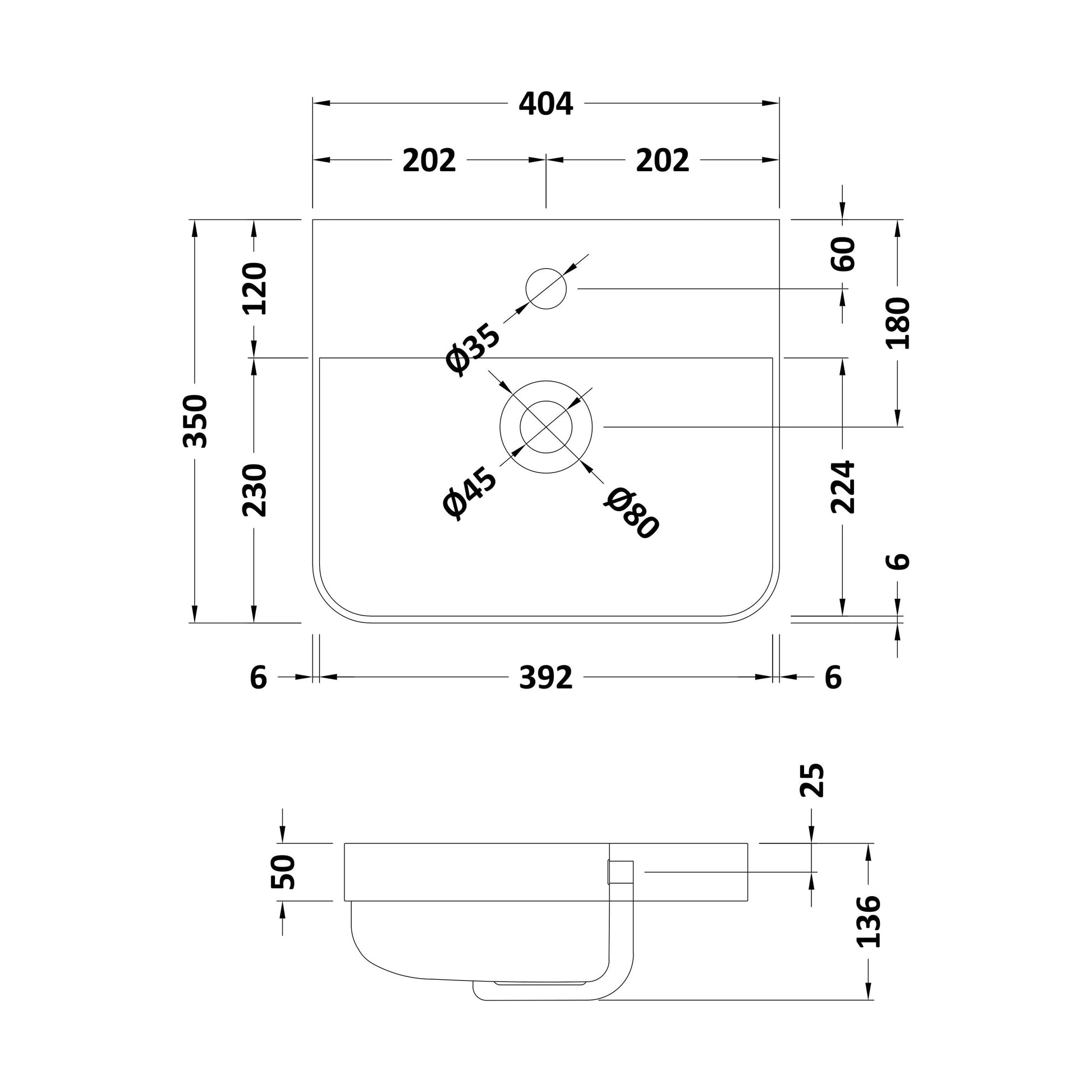 [BCRC002] 400 Thin Edge Basin 1TH (Radius Corners) - Technical Drawing