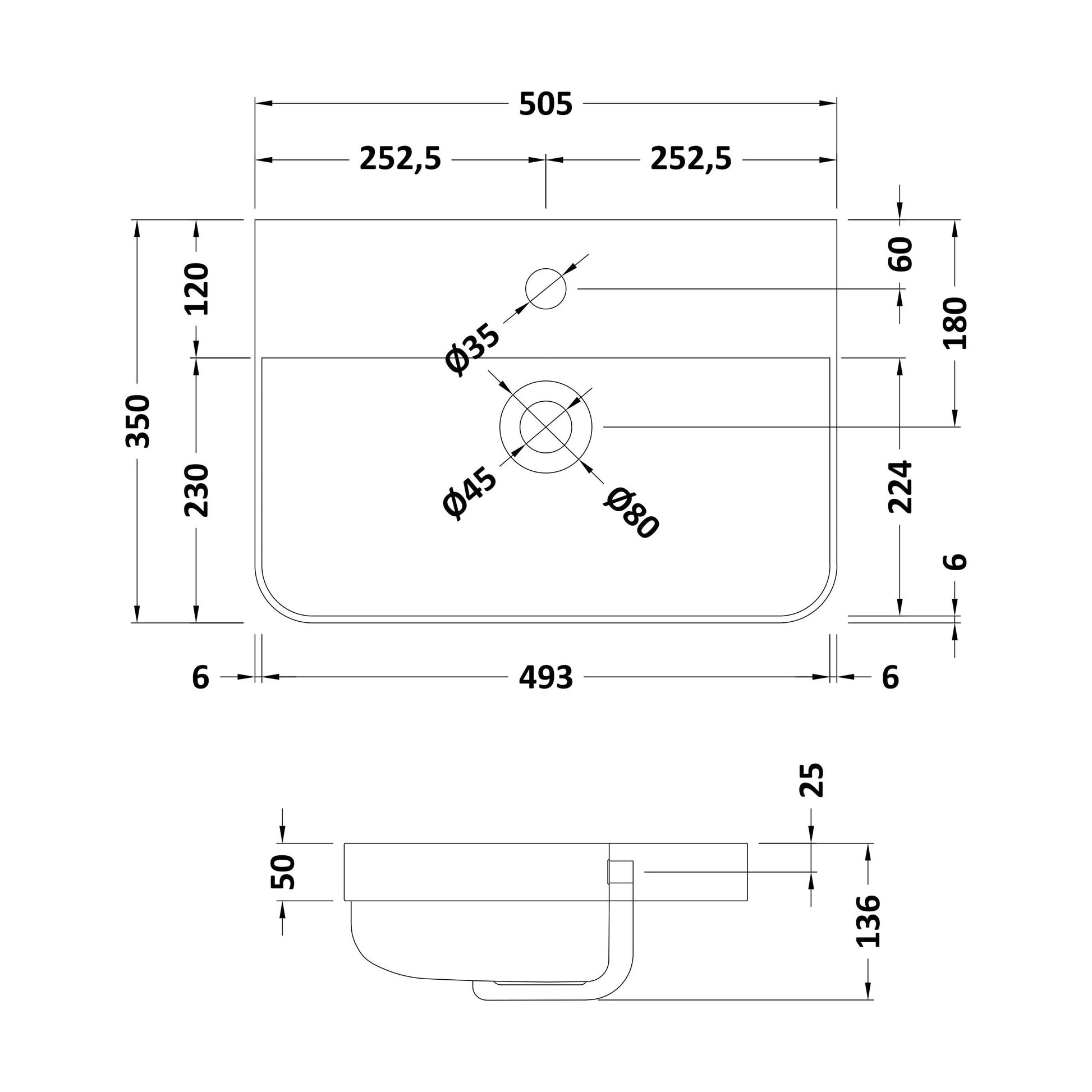 [BCRC003] 500 Thin Edge Basin 1TH (Radius Corners) - Technical Drawing