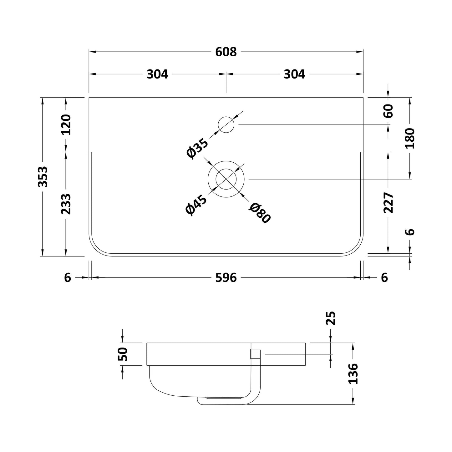 [BCRC004] 600 Thin Edge Basin 1TH (Radius Corners) - Technical Drawing