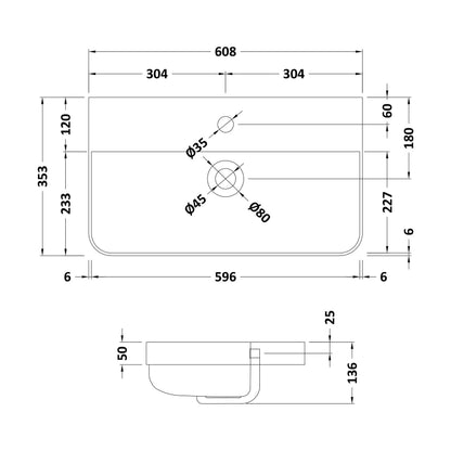 [BCRC004] 600 Thin Edge Basin 1TH (Radius Corners) - Technical Drawing
