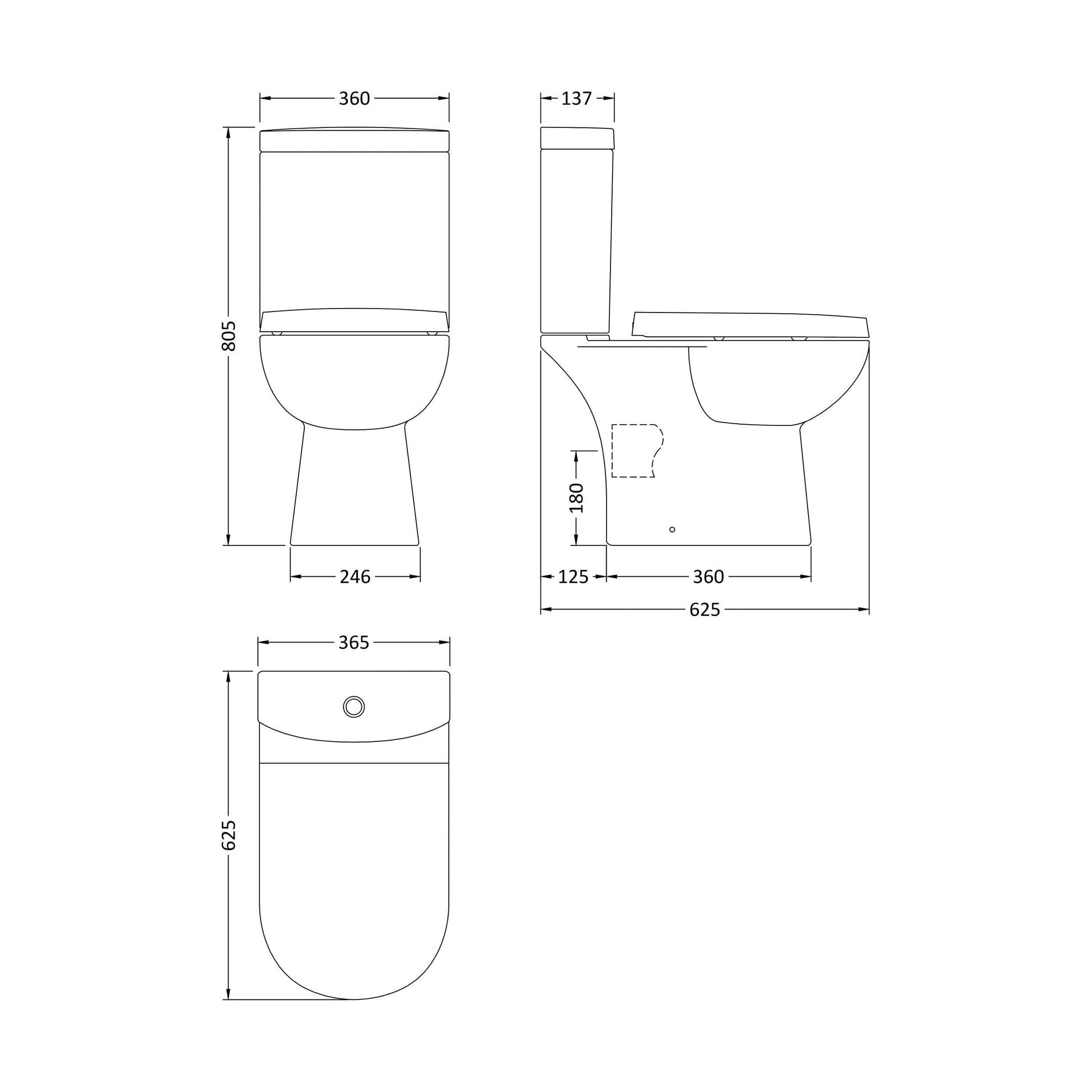 [BCRI001] Compact Toilet Pan & Cistern  - 805mm x 360mm x 625mm - Technical Drawing