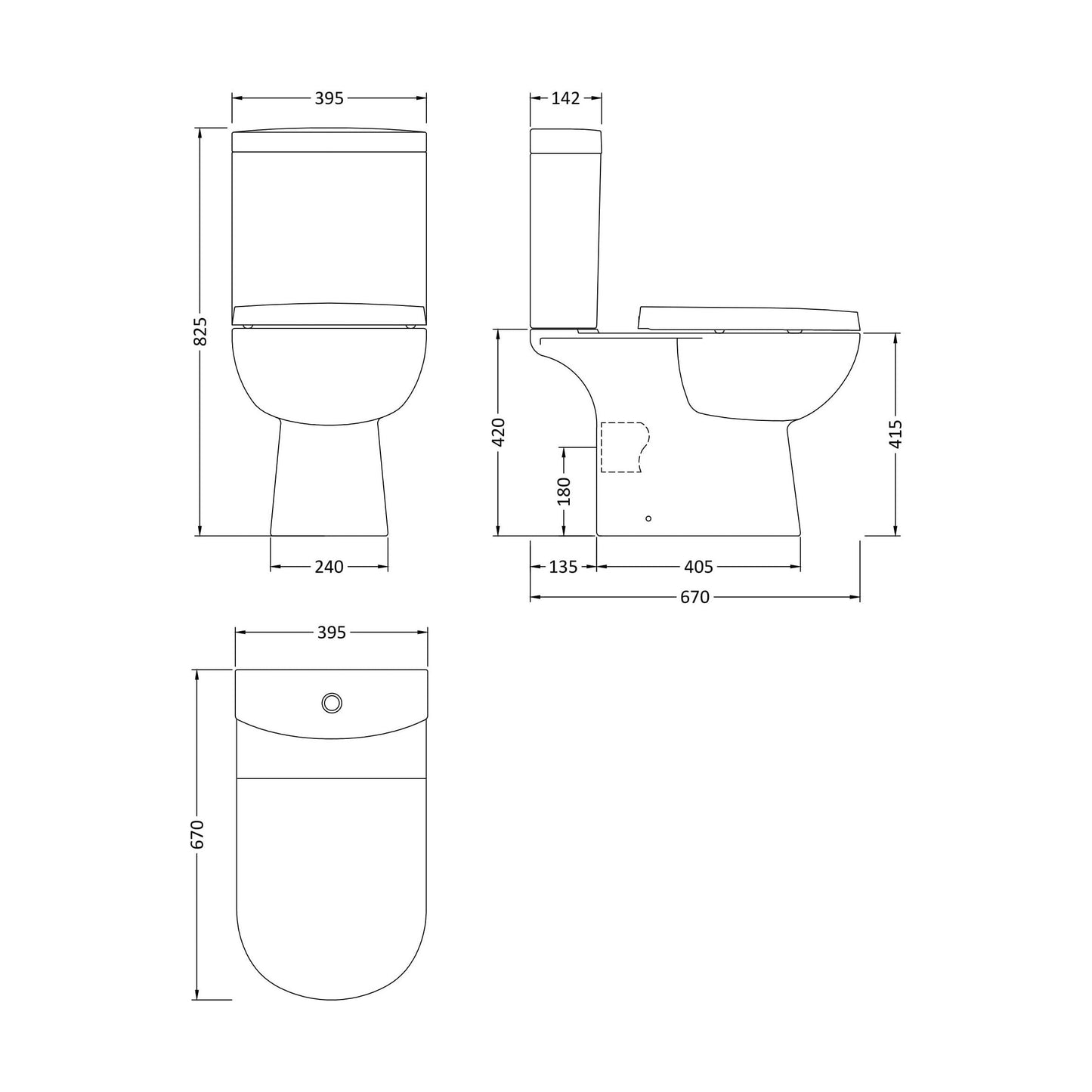 [BCRI002] Close Coupled Toilet Pan & Cistern  - 825mm x 395mm x 670mm - Technical Drawing