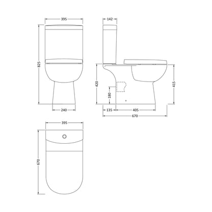 [BCRI002] Close Coupled Toilet Pan & Cistern  - 825mm x 395mm x 670mm - Technical Drawing