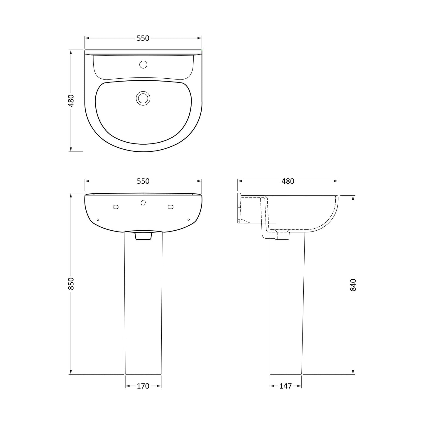 [BCRI003] Round 1 Tap Hole Basin with Full Pedestal - Technical Drawing