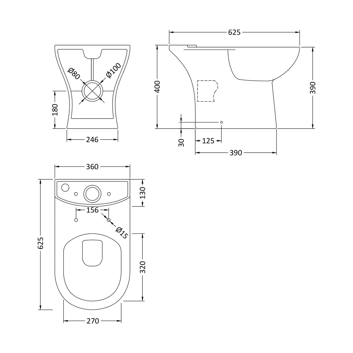 [BCRI004] Newborough Ceramic Bathroom Bundle: Compact or Close-Coupled Toilet Pan, Cistern & Soft-Close Seat and 560mm 1-Tap-Hole Basin with Full Pedestal - Technical Drawing