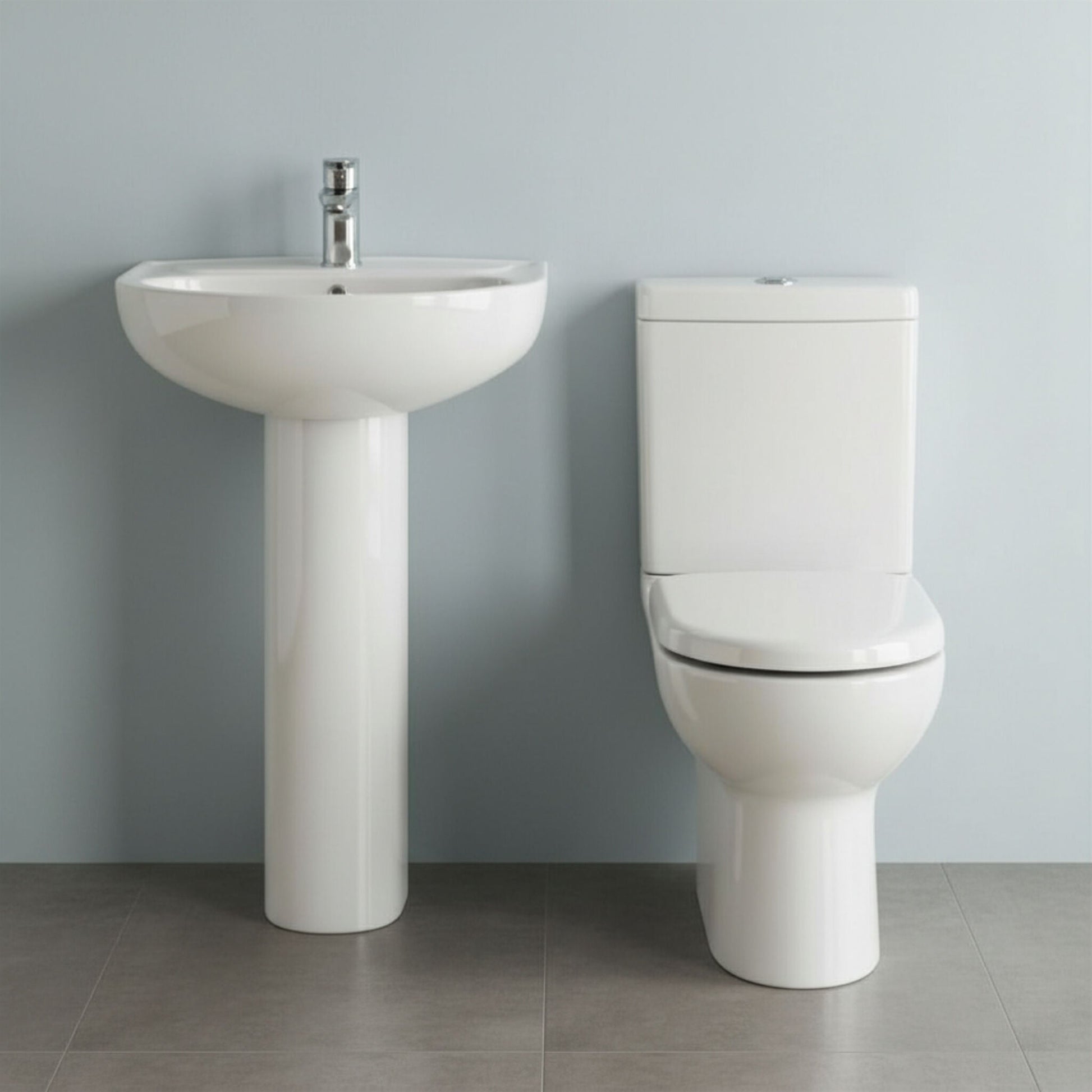 [BCRI004] Newborough Ceramic Bathroom Bundle: Compact or Close-Coupled Toilet Pan, Cistern & Soft-Close Seat and 560mm 1-Tap-Hole Basin with Full Pedestal - Silo
