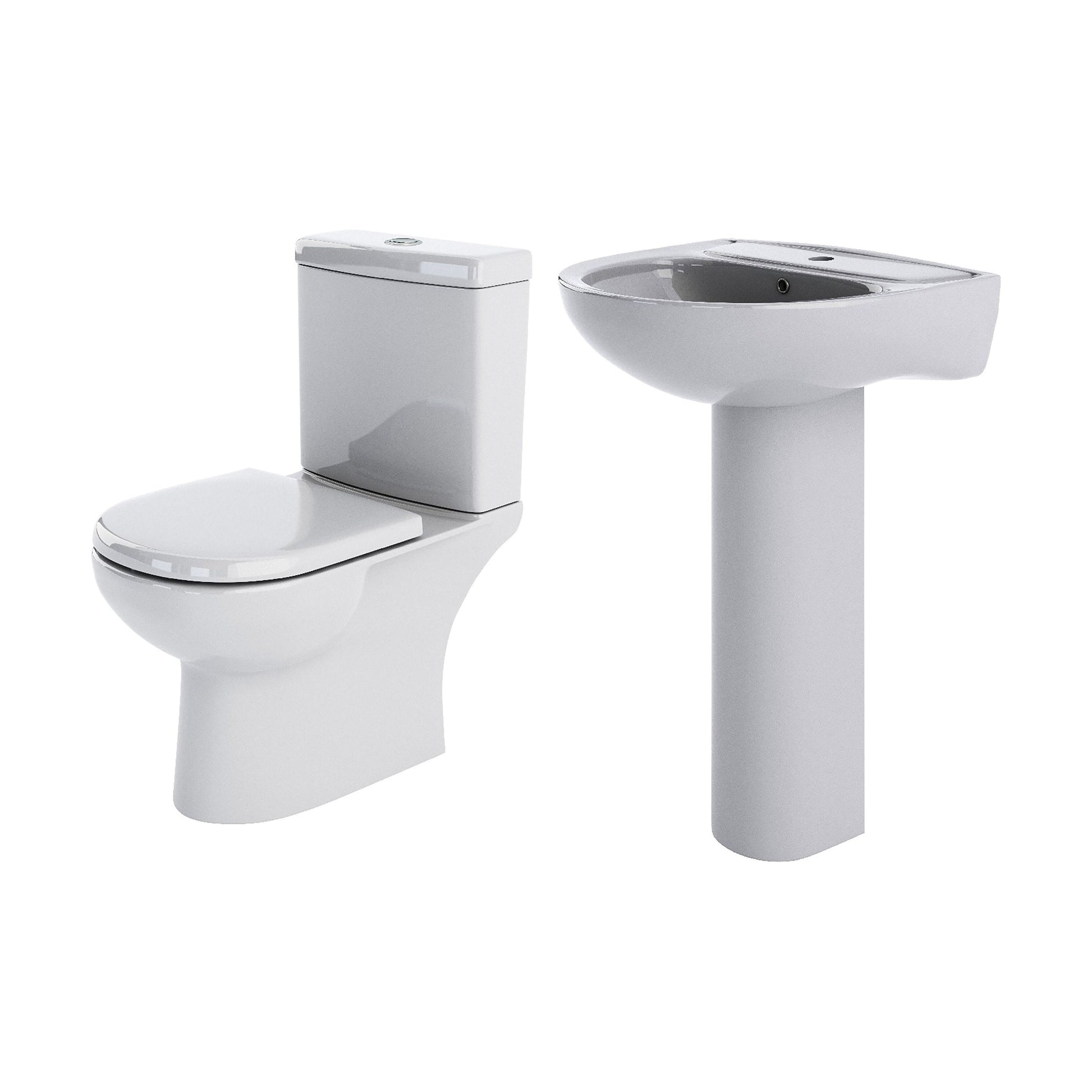 [BCRI005] Newborough Ceramic Bathroom Bundle: Compact or Close-Coupled Toilet Pan, Cistern & Soft-Close Seat and 560mm 1-Tap-Hole Basin with Full Pedestal - Cutout
