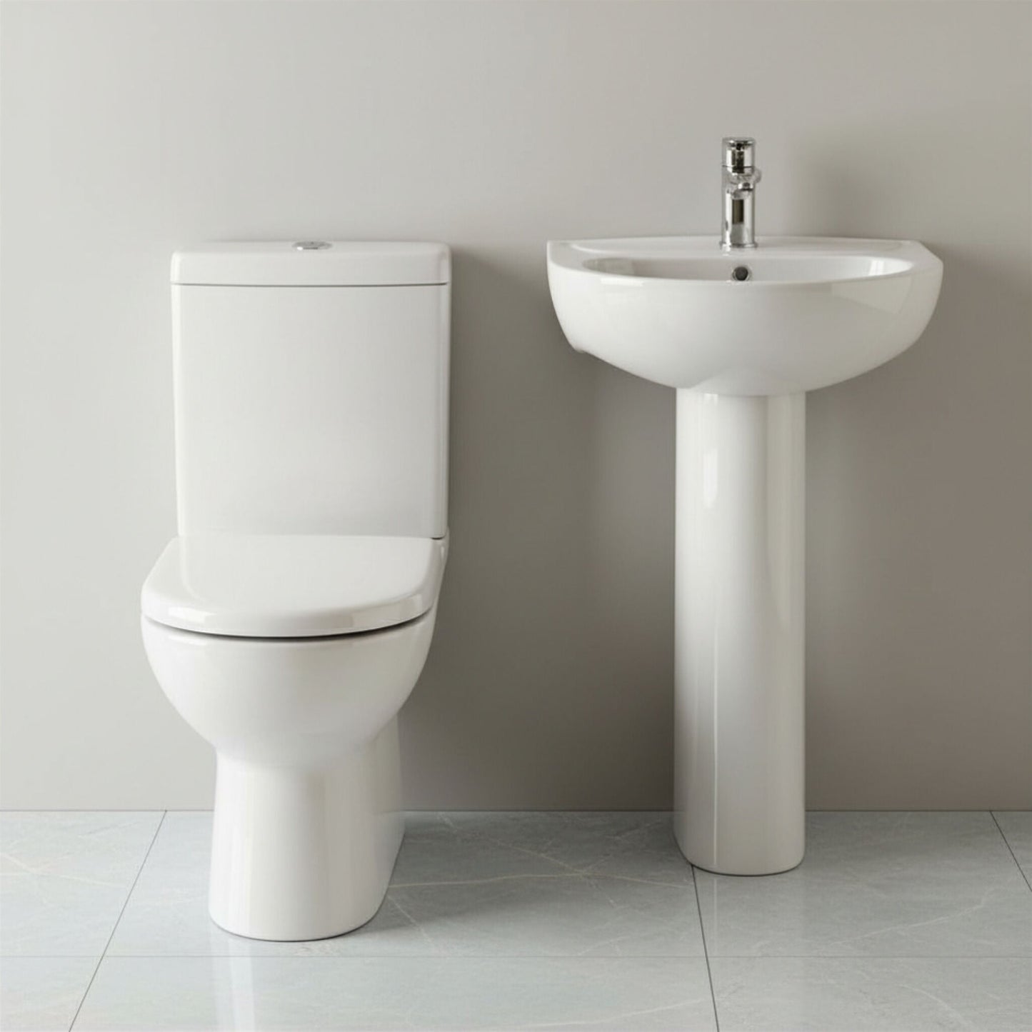 [BCRI005] Newborough Ceramic Bathroom Bundle: Compact or Close-Coupled Toilet Pan, Cistern & Soft-Close Seat and 560mm 1-Tap-Hole Basin with Full Pedestal - Silo