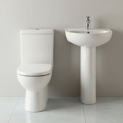 [BCRI005] Newborough Ceramic Bathroom Bundle: Compact or Close-Coupled Toilet Pan, Cistern & Soft-Close Seat and 560mm 1-Tap-Hole Basin with Full Pedestal - Silo