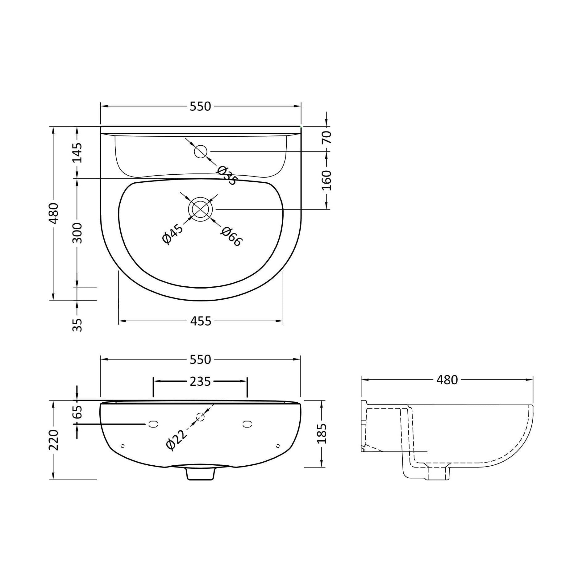 [BCRI102] Balterley 550mm Ceramic Basin - Technical Drawing