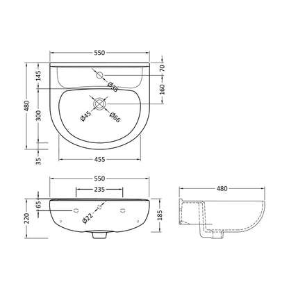 [BCRI102] Balterley 550mm Ceramic Basin - Technical Drawing