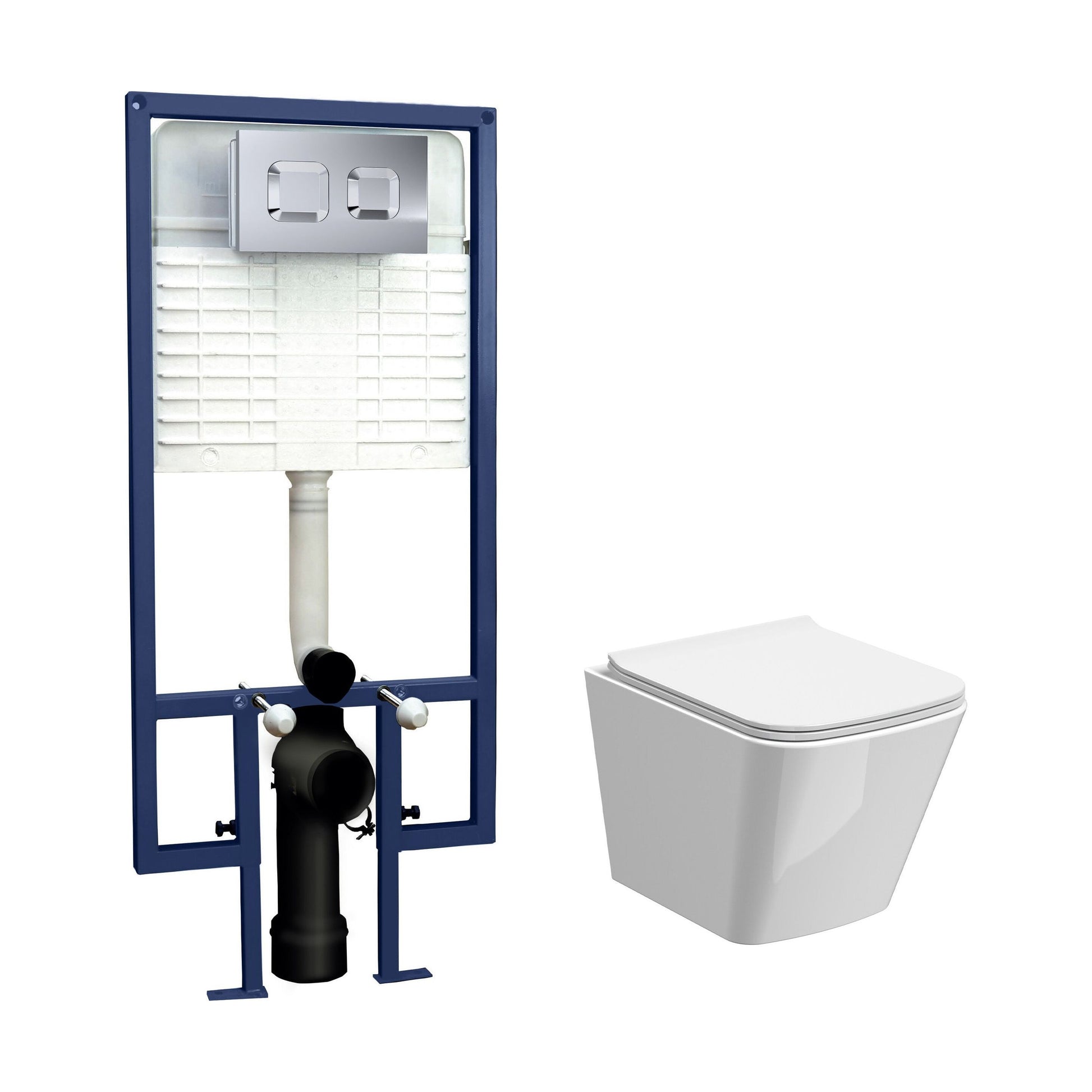 [BCRL001] Hilderstone Contemporary Square Wall Hung Toilet Pan and Seat with Concealed Cistern and Flush Plate with Square Buttons - White/Chrome - Cutout