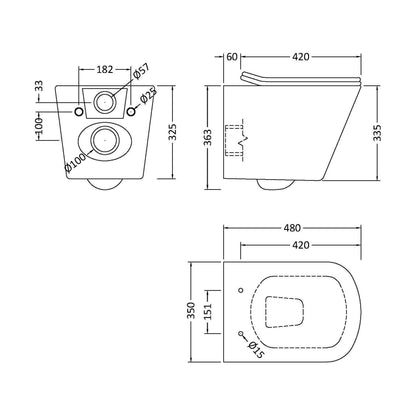 [BCRL002] Hilderstone Contemporary Square Wall Hung Toilet Pan and Seat with Concealed Cistern and Flush Plate with Square Buttons - White - Technical Drawing
