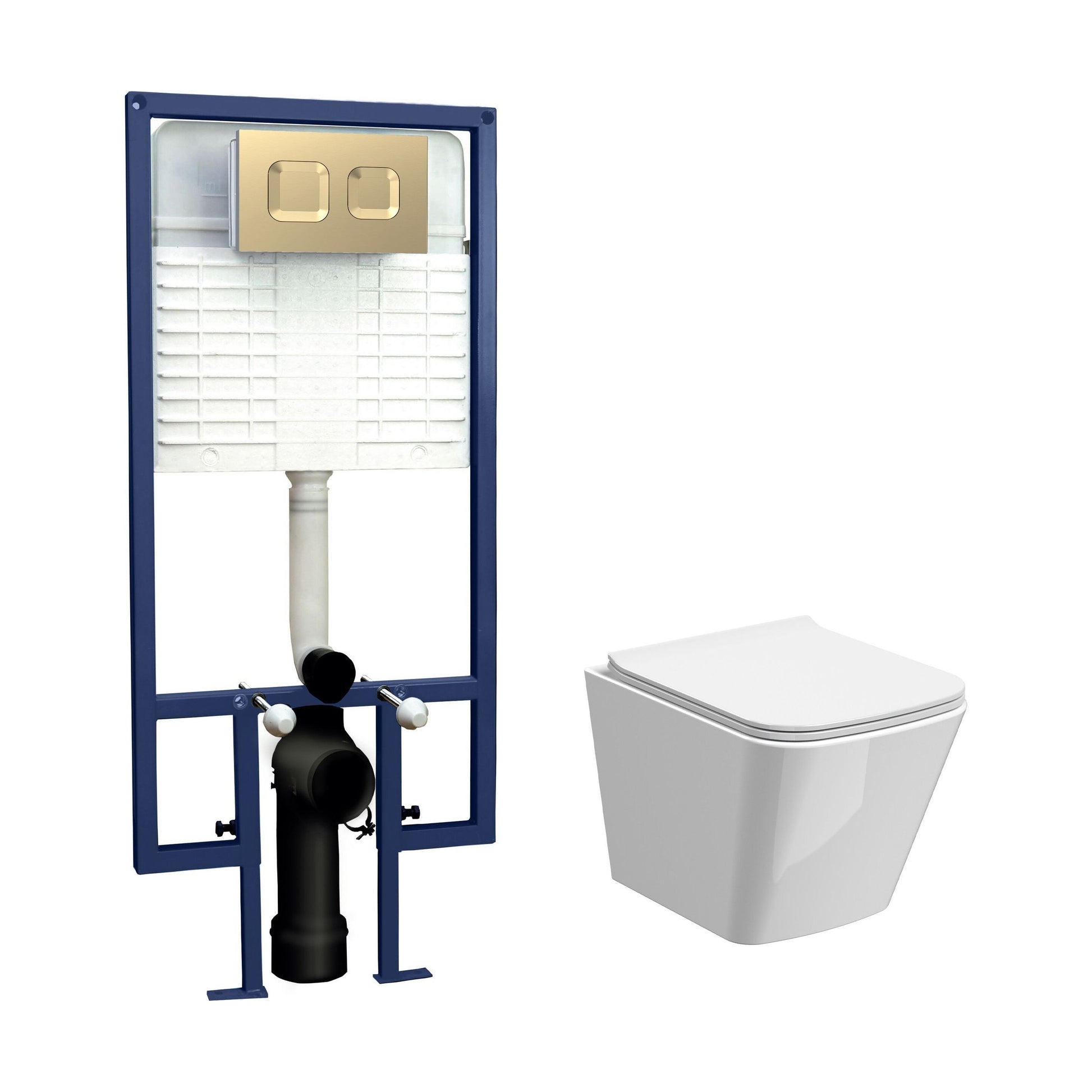 [BCRL003] Hilderstone Contemporary Square Wall Hung Toilet Pan and Seat with Concealed Cistern and Flush Plate with Square Buttons - White/Brushed Brass - Cutout