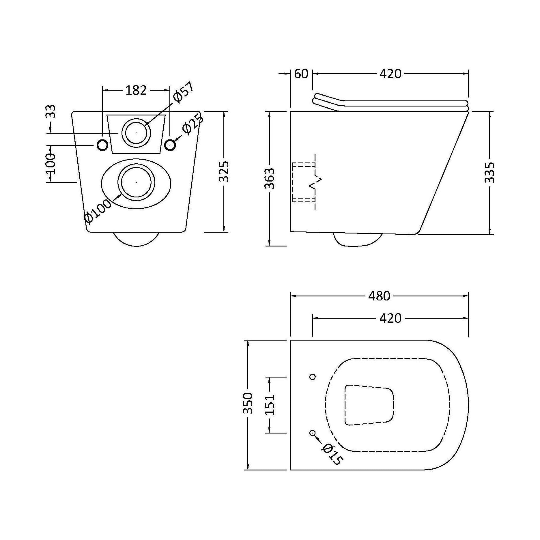 [BCRL003] Hilderstone Contemporary Square Wall Hung Toilet Pan and Seat with Concealed Cistern and Flush Plate with Square Buttons - White/Brushed Brass - Technical Drawing