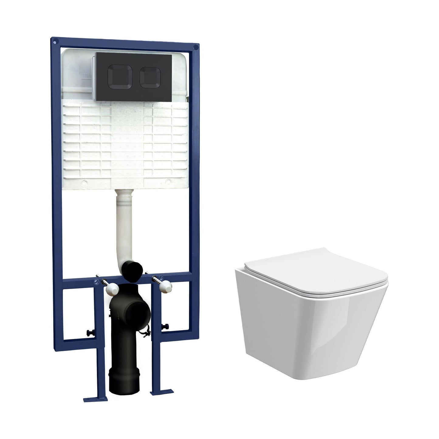 [BCRL004] Hilderstone Contemporary Square Wall Hung Toilet Pan and Seat with Concealed Cistern and Flush Plate with Square Buttons - White/Black - Cutout