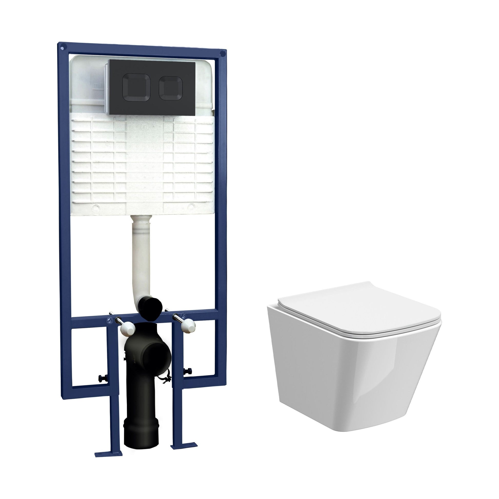 [BCRL004] Hilderstone Contemporary Square Wall Hung Toilet Pan and Seat with Concealed Cistern and Flush Plate with Square Buttons - White/Black - Cutout
