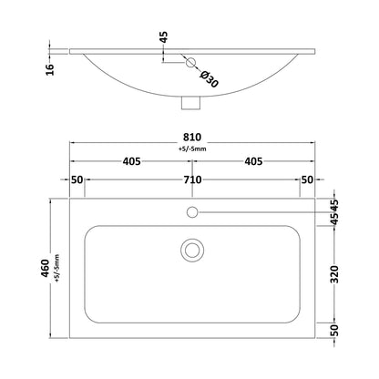 [BCSB105] 810 x 460mm Basin 1T/H - Technical Drawing