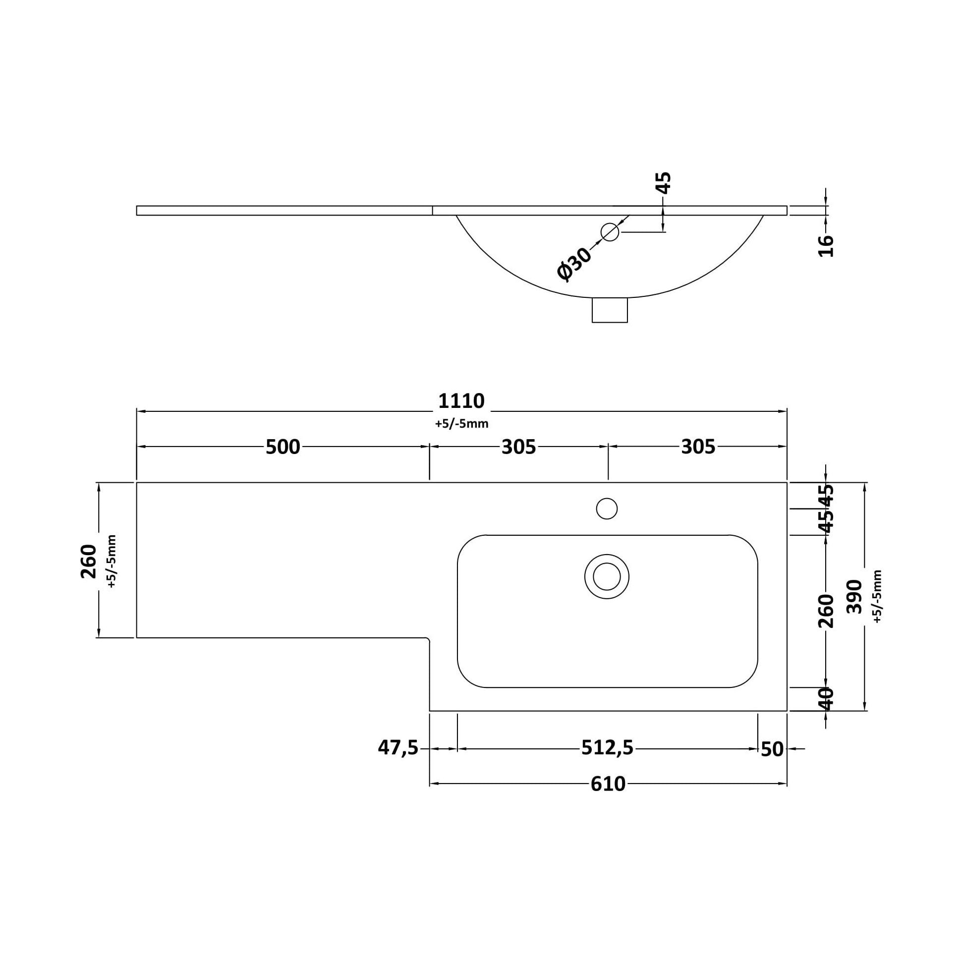 [BCSB111R] L Shaped Basin RH 1T/H - Technical Drawing