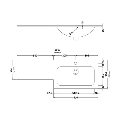 [BCSB111R] L Shaped Basin RH 1T/H - Technical Drawing