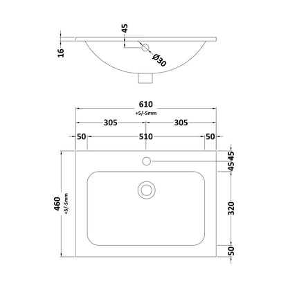 [BCSB903] 610 x 460mm Basin 1T/H - Technical Drawing